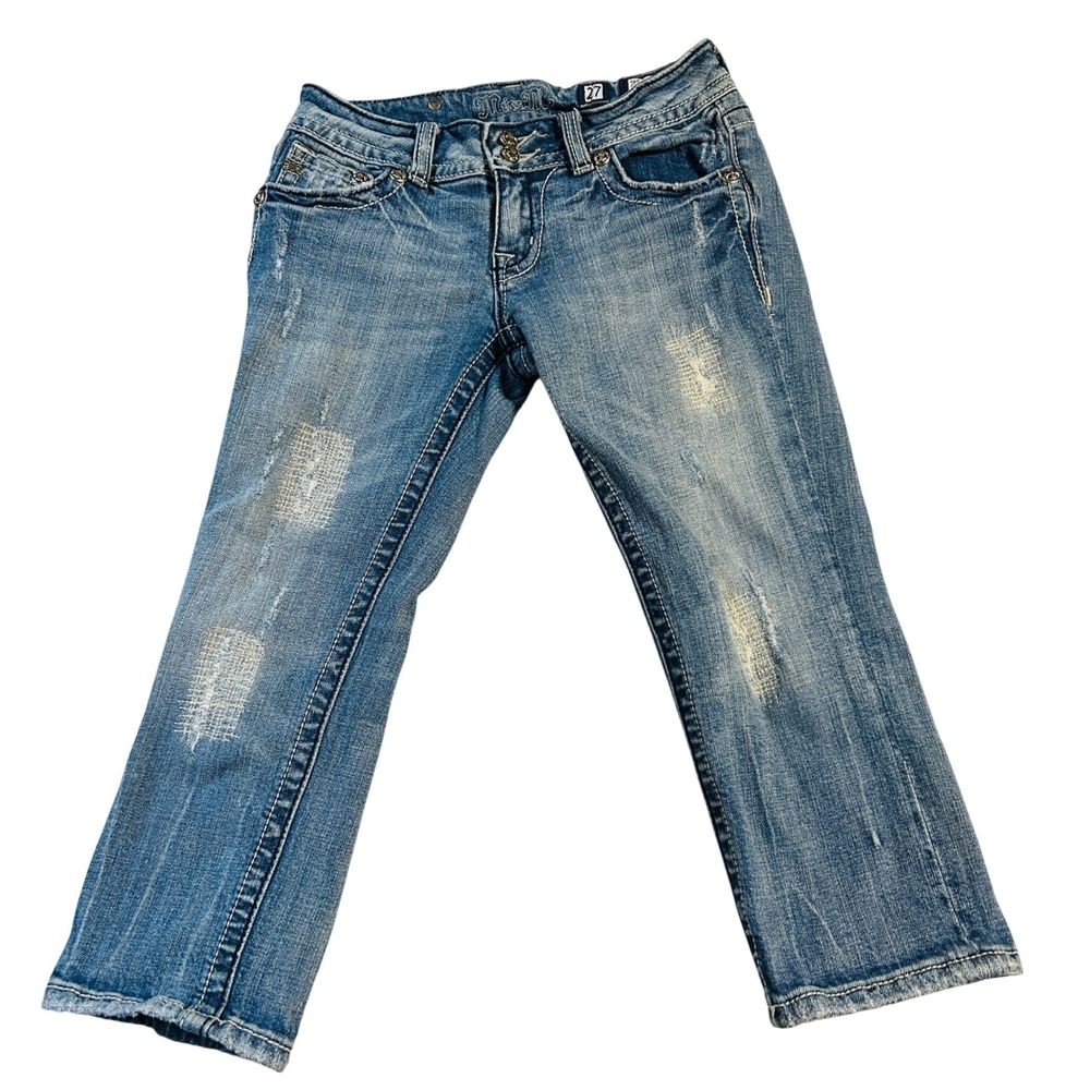 Miss Me Capri Jeans‎ 27 Blue Distressed Rhinestone Wing Flap Pockets Western - Picture 2 of 9